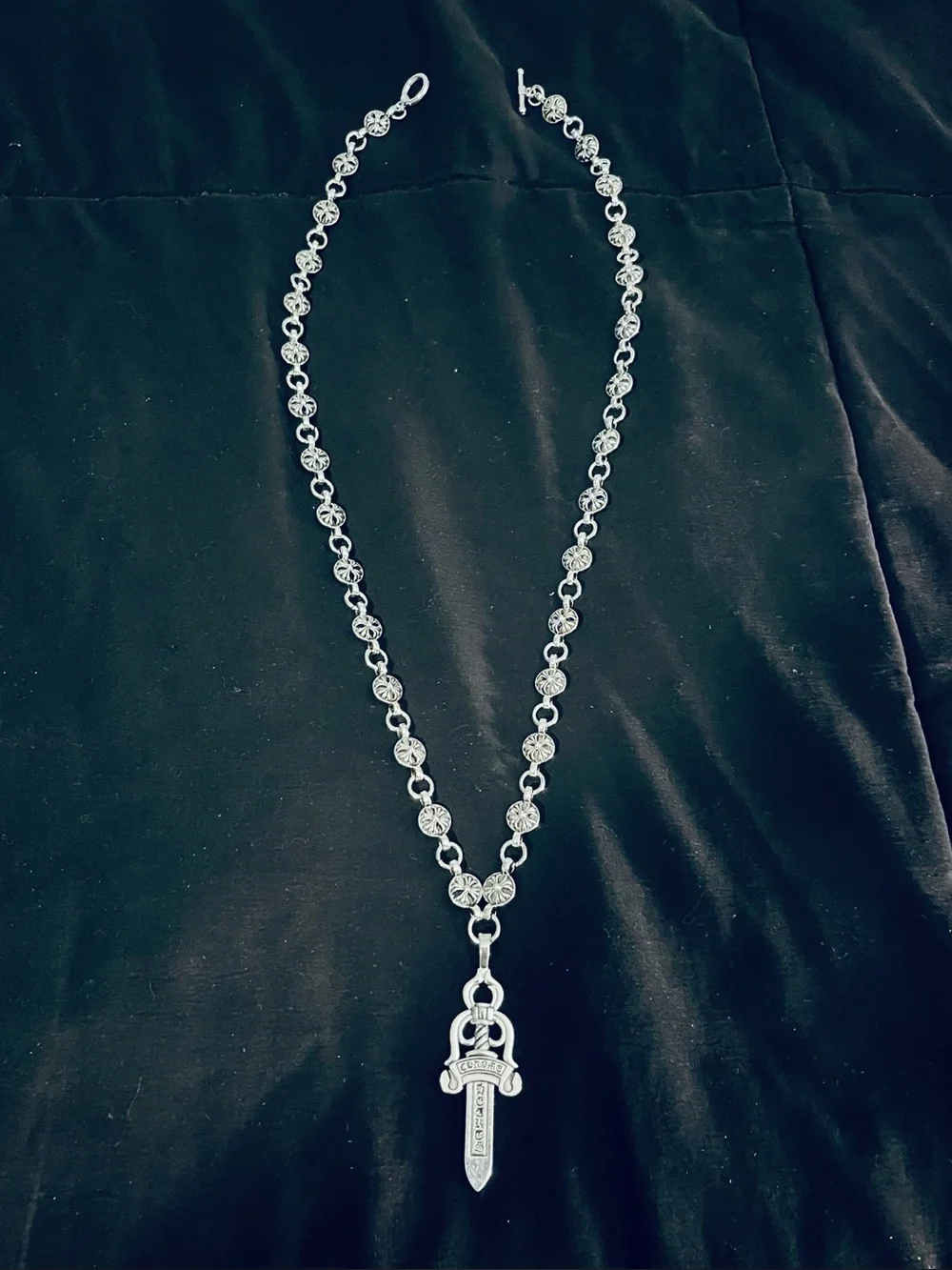 Chrome Hearts Silver Cross Ball Chain W/ Dagger Pendant & Toggle Clasp Closure